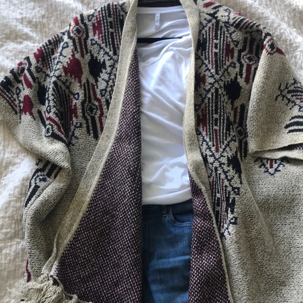 Aztec print fringe sweater coat